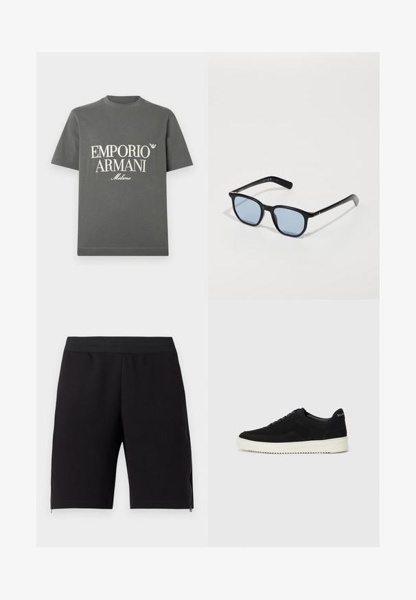 Hall hall puuvillane t-särk lühikeste varrukatega ja ümmarguse kaelusega, millel on valge plokktaustal tekst ja rindkere piirkonnas logo. Sile tekstuur, lihtne disain.; Mustad mustad lühikesed püksid, mis on valmistatud pehmest kangast, on varustatud mugava elastse vöökohtaga ja külgedel on lisafunktsionaalsuse jaoks lukud.; Mustad suede jooksujalatsid, millel on paelad ja kontrastne valge kummitald. Omab tekstuuriga külgpaneele ja tagasihoidlikku brändimist kandadel.; Mustad mustalised prillid, millel on ristkülikukujulised raamid, helesinised objektiivid ja sile plastikkate. Omavad kitsaid käsi koos diskreetse logo detailiga.