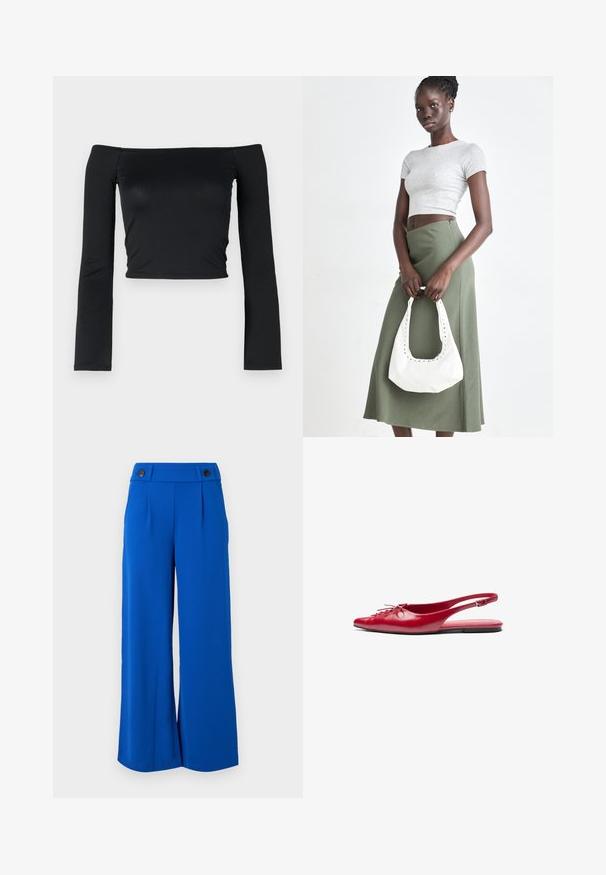 Top scurt negru, cu mâneci lungi și ajustate și decolteu off-the-shoulder, realizat dintr-un material moale și neted. Design simplu și ajustat.; Pantaloni evazați dintr-un material albastru luminos, cu un talie croit cu două nasturi negri și pliseuri frontale. Textură moale, fără modele vizibile.; Sandalete plata roșii din piele cu vârf ascuțit și un detaliu decorativ de șireturi în față, având o curea subțire pentru gleznă și talpă plată.; Crop top griș cu dungi și fustă verde măsliniu cu talie înaltă. Modelul ține o geantă albă de umăr cu detalii tăiate. Design simplu, siluetă ajustată.