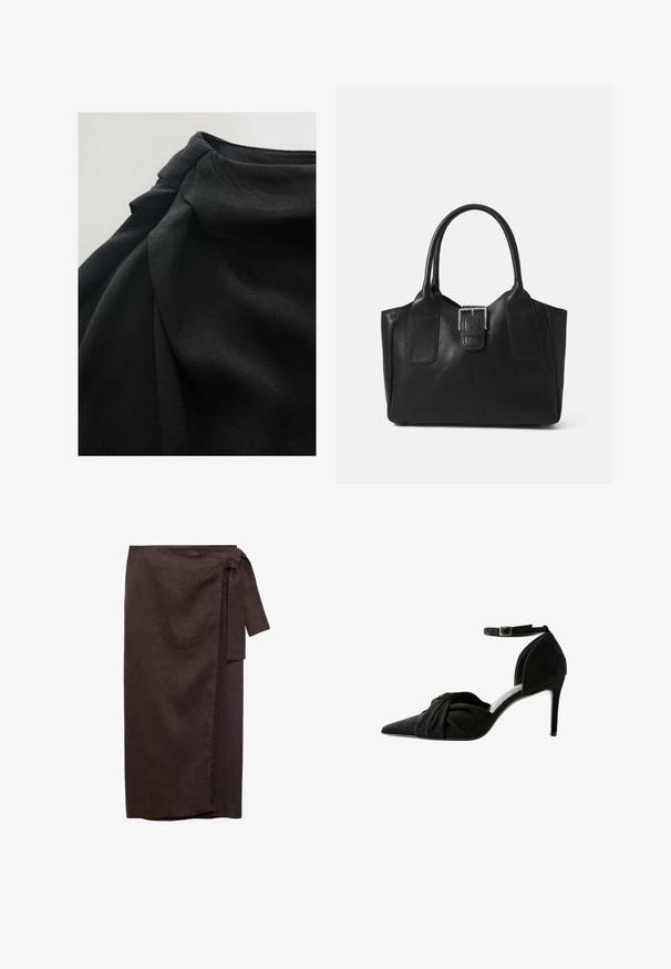 Tissu noir avec une surface douce et texturée, présentant des plis drapés et un détail froncé en haut, mettant en avant la fluidité du design.; Jupe en lin marron avec une taille nouée, silhouette droite et bords effilochés. Texture douce et design long jusqu'au sol.; Escarpin en daim noir à talon haut avec un bout pointu, un détail noué à l'avant, une bride de cheville et un talon aiguille fin.; Sac fourre-tout en cuir noir avec une texture lisse, une forme structurée, deux poignées et un détail en boucle argentée proéminent à l'avant.