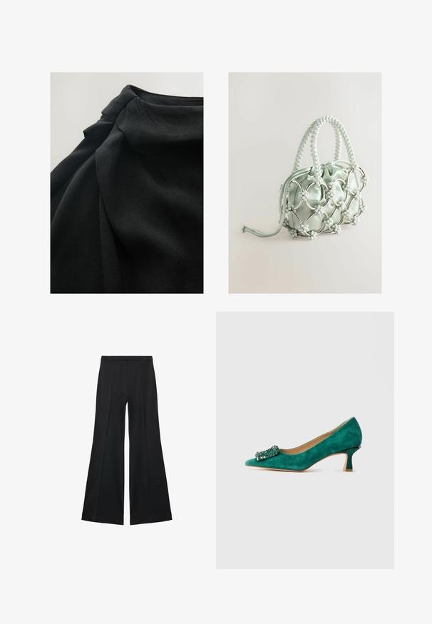 Sort stof med en blød, tekstureret overflade, der har draperede folder og en samlet detalje øverst, hvilket understreger fluiditeten i designet.; Sorte brede bukser med en glat tekstur, der har fremadrettede folder og en skræddersyet design. Stofferne er lette og flerdimensionelle.; Grøn nubuck kitten heel sko med spids tå og dekorativt smykkespænde foran, vist i sideprofil på hvid baggrund.; Next Håndtasker - blue