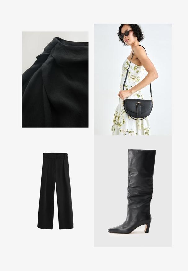 Černá látka s jemným, strukturovaným povrchem, se zavěšenými záhyby a nabraným detailem nahoře, zdůrazňující fluiditu v designu.; Černé kalhoty s širokým nohavicemi a vysokým pasem, s plisováním a hladkou tkanou texturou. Vyrobené z měkké látky pro pohodlí.; Černá kožená středně vysoká botka na podpatku s mírně povoleným svrškem a špičatou špičkou na světlém pozadí.; Černá kožená kabelka s křivkovým tvarem, odnímatelným popruhem a zlatými detaily. Kabelka má klopu s přezkou.