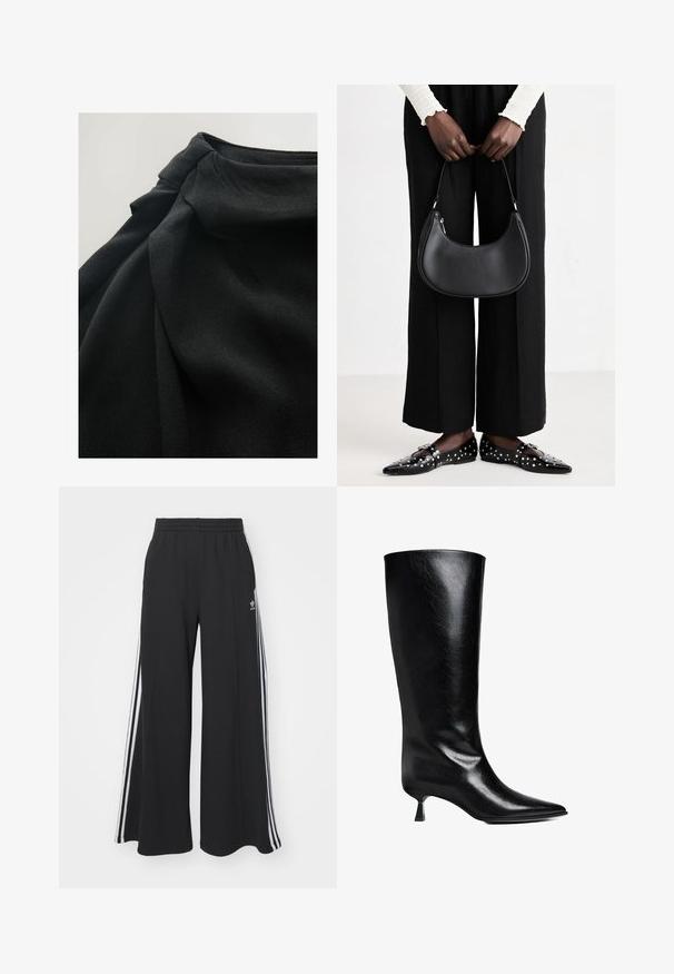 Crni materijal s mekom, teksturiranom površinom, s drapiranim slojevima i nabranim detaljem na vrhu, naglašavajući fluidnost u dizajnu.; Crne široke trenirke s elastičnim pojasom, s bijelim bočnim trakama i izvezenim logom na lijevom bedru.; Crne kožne čizme do koljena s oštrim nosom, uskim siluetom i niskom blok petom koja ima sjajnu završnu obradu.; Crna kožna torba preko ramena zaobljenog oblika, s sjajnom završnom obradom i srebrnim hardverom. Osoba nosi crne hlače širokog kroja i loaferice sa studovima.