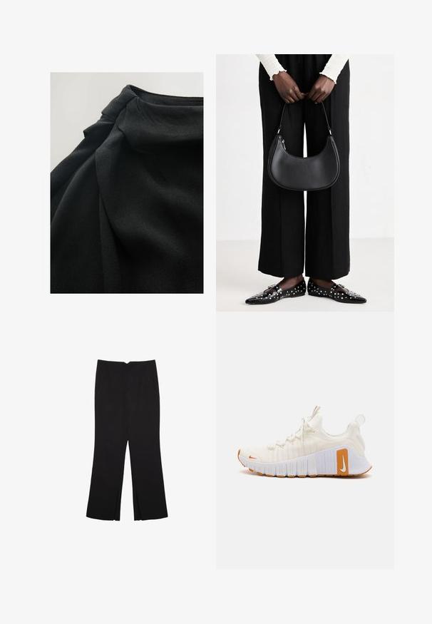Black fabric with a soft, textured surface, featuring draped folds and a gathered detail at the top, emphasizing fluidity in design.; Black trousers with a straight fit, featuring front pockets and side slits at the hem. Made of soft, smooth fabric. Suitable for various occasions.; White athletic shoes with textured fabric upper and orange accents. Features a thick white sole with rubber grip and prominent branding.; Black leather shoulder bag with a rounded shape, glossy finish, and silver hardware. Person wearing black wide-leg pants and studded loafers.