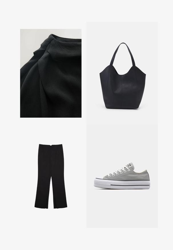 Černá látka s jemným, strukturovaným povrchem, se zavěšenými záhyby a nabraným detailem nahoře, zdůrazňující fluiditu v designu.; Černé kalhoty s rovným střihem, s předními kapsami a bočními rozparky na lemu. Vyrobené z jemné, hladké tkaniny. Vhodné na různé příležitosti.; Šedé plátěné tenisky s bílými tkaničkami, gumovou špičkou a silnou bílou gumovou podrážkou se dvěma černými pruhy po straně.; Černá taška přes rameno vyrobená z hladké kůže, s zakřiveným, otevřeným vrchem a dvěma ramenními popruhy, s minimalistickým designem.