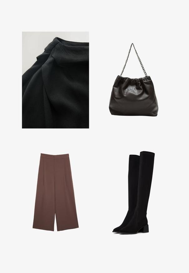 Tessuto nero con una superficie morbida e strutturata, caratterizzato da pieghe drappeggiate e un dettaglio arricciato nella parte superiore, che enfatizza la fluidità del design.; Pantaloni ampi marroni con una texture liscia, caratterizzati da una vita alta e pieghe frontali. Il tessuto è leggero e scorre liberamente.; Stivali neri sopra il ginocchio realizzati in materiale morbido e testurizzato. Presentano un tacco a blocco, punta affusolata e dettagli di cucitura visibili.; Borsa in pelle marrone con parte superiore arricciata e tracolla a catena. Texture liscia con finitura lucida e dettagli di cucitura sottili sui lati.