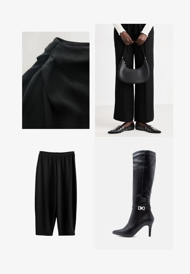 Svart tyg med en mjuk, texturerad yta, med draperade veck och en samlad detalj upptill, vilket betonar fluiditet i designen.; Svarta knälånga byxor i elastiskt material med bred midjeresår och slät yta. Har en lös och avslappnad passform.; Svarta läderknähöga stövlar med spetsig tå, hög stilettklack och ett dekorativt silverfärgat spänne runt vristen.; Svart läderaxelväska med rundad form, glänsande yta och silverdetaljer. Person bär svarta vida byxor och nitprydda loafers.