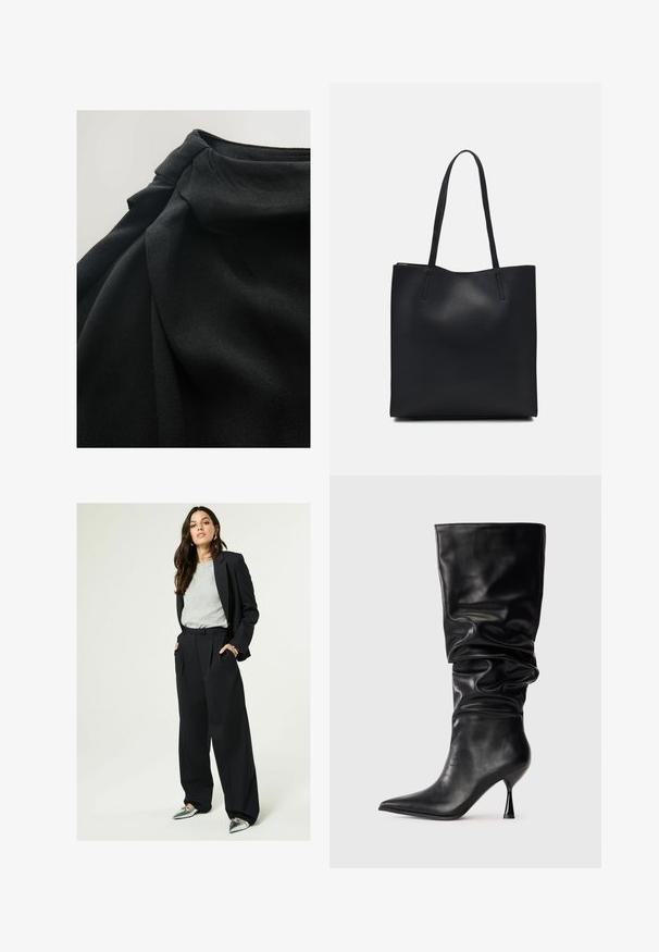 Must mustriga kangas pehme ja tekstureeritud pind, millel on voolavad voldid ning volditud detail ülaosas, rõhutades disainis voolavust.; Must kontrastne bleiser halli T-särgi peal, kombineeritud kõrge vöökohaga laiade mustade pükstega ja metallikust terava varbaga korteritega.; Must muste kõrge musta nahast saabas, millel on laisk disain, terav nina ja õhuke stiletto konts, millel on sile tekstuur ja minimaalsed aksesuaarid.; Mustast nahast kott sujuva tekstuuriga, ristkülikukujuline ja kahe pika sangaga. Pole nähtavat riistvara ega kaunistusi.