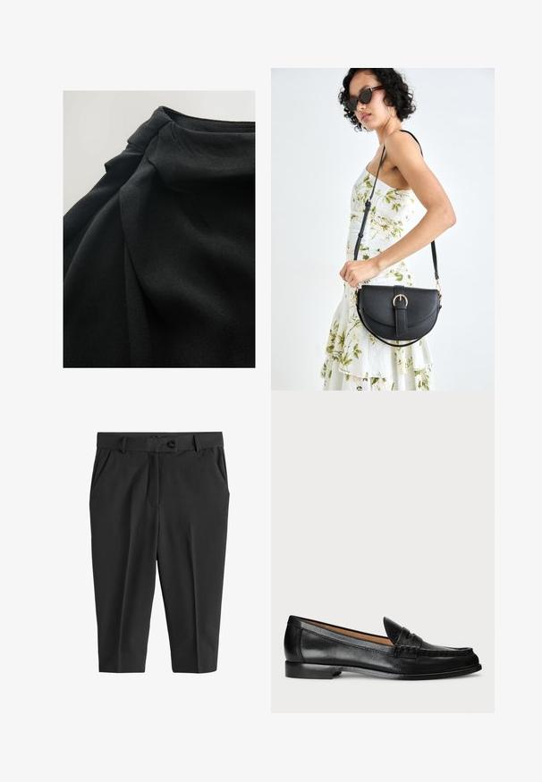 Černá látka s jemným, strukturovaným povrchem, se zavěšenými záhyby a nabraným detailem nahoře, zdůrazňující fluiditu v designu.; Černé kalhoty na míru s předními záhyby, zapínáním na knoflík a bočními kapsami. Hladký materiál s zkrácenou délkou a štíhlým střihem.; Lauren Ralph Lauren WYNNIE - Polobotky - black; Černá kožená kabelka s křivkovým tvarem, odnímatelným popruhem a zlatými detaily. Kabelka má klopu s přezkou.