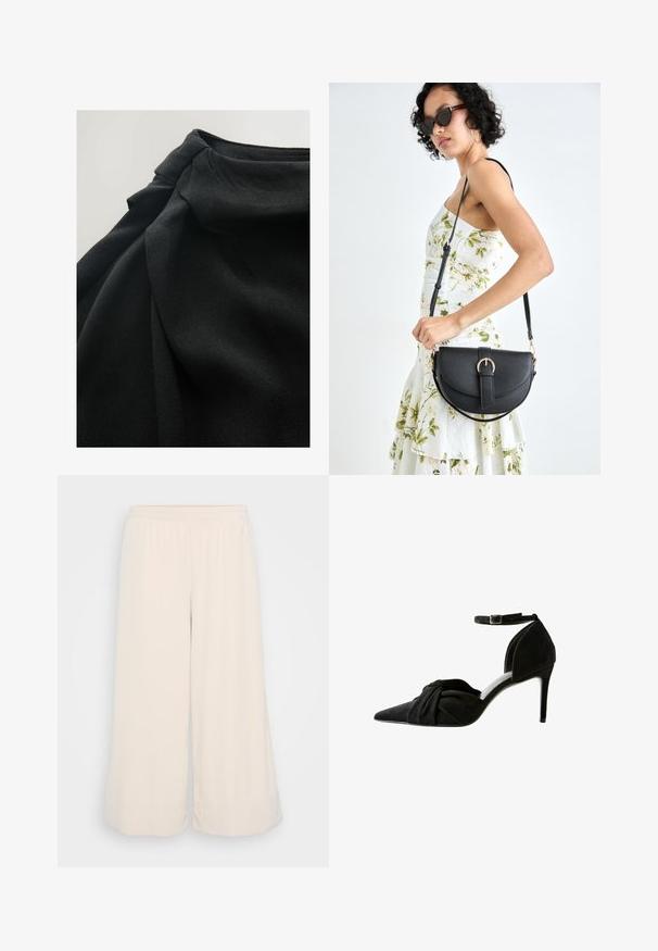 Svart tyg med en mjuk, texturerad yta, med draperade veck och en samlad detalj upptill, vilket betonar fluiditet i designen.; Ljust beige vida byxor gjorda av mjukt, texturerat tyg. Resårmidja med en ren avslutning vid fållen. Enkel design utan fickor.; Svart mocka högklackad sko med spetsig tå, knuten detalj fram, ankelrem och en tunn stilettklack.; Svart läderhandväska med en böjd form, avtagbar rem och guldiga detaljer. Väskan har ett lock med en spänndetalj.