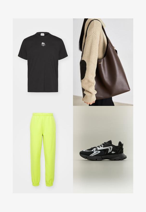 Czarna bawełniana koszulka z krótkim rękawem, z prążkowanym okrągłym dekoltem oraz małym, białym haftowanym logo Lacoste nad napisem "PARIS" na piersi.; Neonowe zielone dresy ze elastycznym pasem, zwężanymi nogawkami i miękką, gładką fakturą. Idealne do codziennego noszenia lub ćwiczeń.; Czarne buty sportowe z siateczkowymi panelami, srebrnymi akcentami i fakturowanymi czarnymi nakładkami. Posiadają sznurówki i zakrzywioną, mocną podeszwę.; Brązowa skórzana torba typu tote o pojemnym designie. Charakteryzuje się gładką fakturą i subtelnym złotym logo. Połączona z kremowym swetrem z dzianiny.