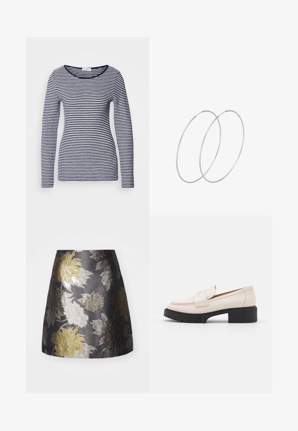 Marineblå og hvide stribede langærmede top, rund halsudskæring, blødt stof, tætsiddende design, jævne vandrette striber og ingen synlige detaljer eller accenter.; Blomstermønstrede broderede nederdel i mørkegrå, med sølv- og guldblomster, glat tekstur og et tætsiddende design med en flagrende kant.; Lys beige læder loafers med en syet front og en tekstureret sort platformhæl. Har et buet design og en let hævning.; Sølvøreringe med et minimalistisk design. Cirkulær form, glat tekstur og tynd profil. Letvægtige med en poleret overflade.