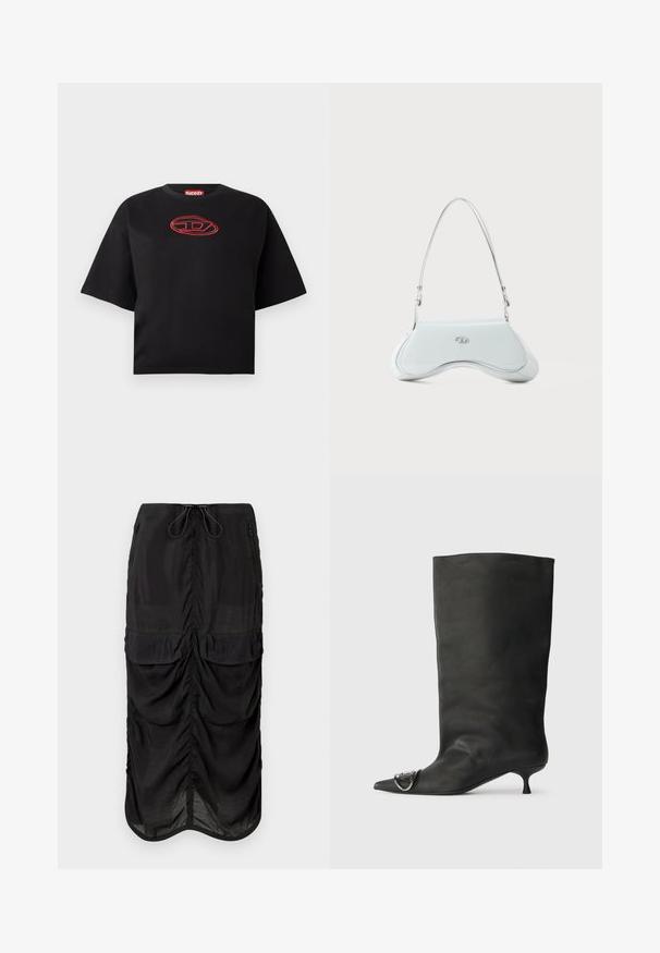 Čierne tričko s krátkym rukávom, skrátené, so červeným vyšívaným oválnym logom umiestneným na hrudi.; Čierna midi sukňa vyrobená z ľahkého materiálu. Disponuje zberanými detailmi, dvoma prednými vreckami a elastickým pásom so šnúrkou pre prispôsobenie.; Čierna kožená členková topánka s špicatou špičkou, malým podpätkom a kovovým akcentom na špičke. Hladká, matná textúra po celom povrchu.; Biela lakovaná ramenná taška s zakriveným dizajnom, striebornými kovovými prvkami a jemným logom na prednej strane. Súčasťou je nastaviteľný popruh.