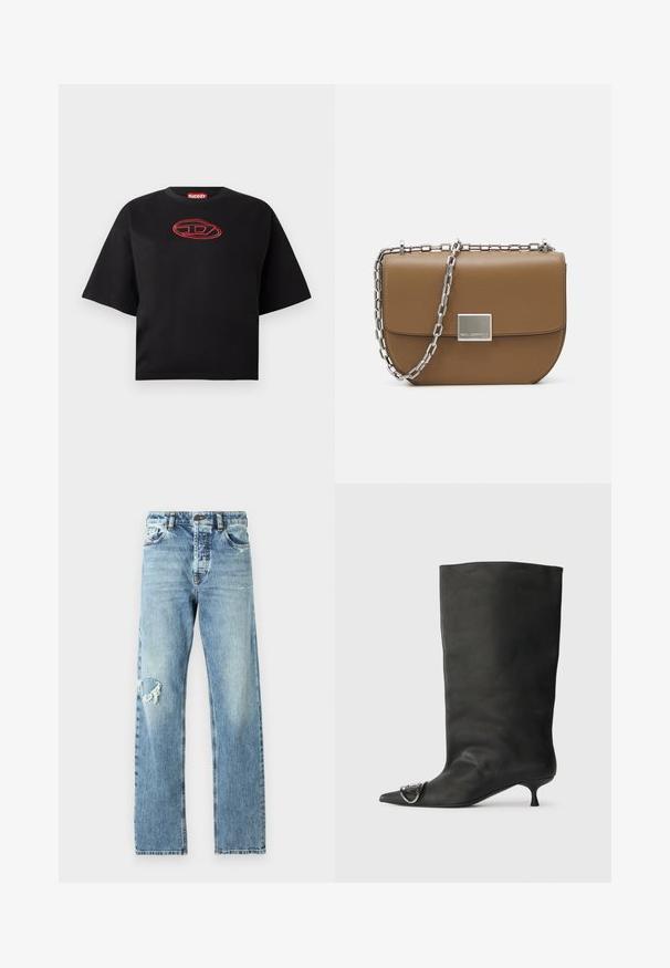 Černé krátké tričko s krátkým rukávem, se červeným vyšívaným oválným logem umístěným uprostřed na hrudi.; Světle modré džíny z denimu se rovnými nohavicemi a s opotřebovaným detailem na levém koleni. Klasický pětikapsový design s kovovými akcenty.; Černá kožená kotníková bota s špičatou špičkou, malým podpatkem a kovovým akcentem na špičce. Hladký, matný povrch po celém obvodu.; Hnědá kožená kabelka přes rameno s zakřiveným tvarem, stříbrný řetězový popruh a čtvercový kovový uzávěr detail na přední straně.