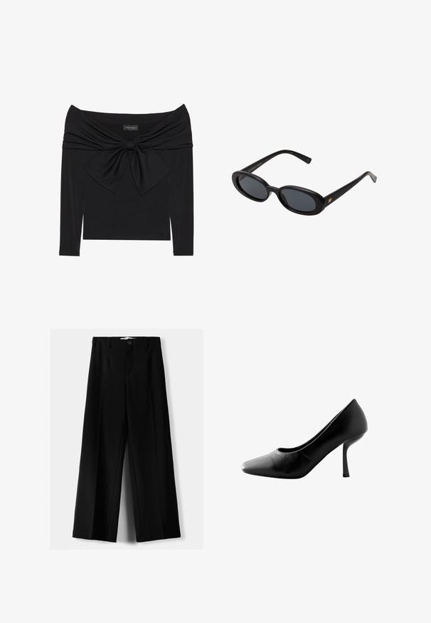 Top negru cu maneci lungi, având un decolteu off-shoulder, un design din țesătură răsucită la piept și un detaliu cu o fundă mare în față.; Pantaloni negri cu picior larg, fabricați dintr-un material ușor, cu închidere frontală cu nasture și față plată, având tivuri cusute cu atenție.; Pantof de damă cu toc înalt, de culoare neagră, cu vârful ascuțit și finisaj din piele netedă. Prezintă un toc stiletto subțire și un design cu vamp jos.; Ochelari de soare supradimensionați, cu lentile ovale, cadru din plastic neted și accente aurii pe brațe. Lentilele întunecate oferă protecție solară.