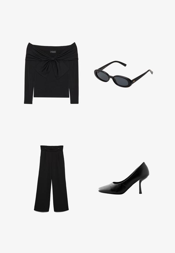 Čierny top s dlhými rukávmi, ktorý má odhalené ramená, skrútený dizajn látky na hrudi a veľkú mašľu vpredu.; Čierne široké nohavice s vysokým pásom, vybavené dvoma prednými gombíkmi a hladkým textúrou. Rovný strih s záhybmi vpredu.; Čierna vysoká podpätková topánka s špicatou špičkou a hladkým koženým povrchom. Disponuje štíhlým podpätkom a nízkym dizajnom vampa.; Čierne oversized slnečné okuliare s oválnymi šošovkami, hladkým plastovým rámom a zlatými akcentmi na straniciach. Tmavé šošovky poskytujú ochranu pred slnkom.