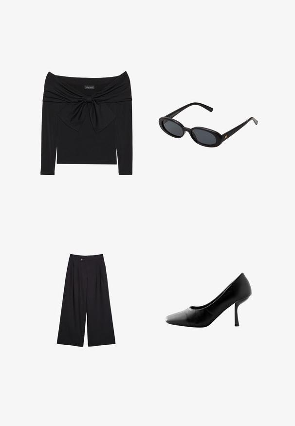 Black long-sleeve top featuring an off-shoulder neckline, twisted fabric design at the chest, and a large bow detail at the front.; Black wide-leg trousers made of smooth fabric, featuring front pleats, a button closure, and a high waist design.; Black high-heel shoe with a pointed toe and smooth leather finish. Features a slender stiletto heel and a low vamp design.; Black oversized sunglasses with oval lenses, smooth plastic frame, and gold accents on temple. Dark lenses provide sun protection.