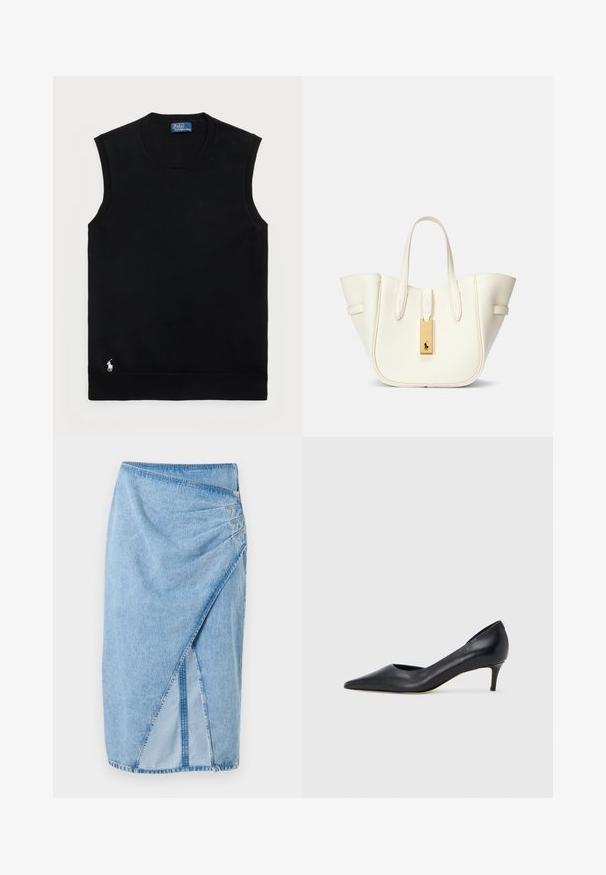 Melna bez piedurknēm kokvilnas džemperis ar apaļu kakla izgriezumu. Iezīmes neliels balts logo apakšējā kreisajā stūrī un ribota apdare.; Gaišzila džinsu svārki ar apņemšanas dizainu, pievienoti izšuvumi un sānu rāvējslēdzēja detaļa. Audumam ir teksturēta apdare.; Melna ādas kurpe ar smailu purngalu un zemu papēdi. Raksturota ar gludu tekstūru un smalku spīdumu. Priekša ar atvērtu izgriezumu papildu detaļai.; Balta ādas somiņa ar strukturētu formu, izteiksmīga šuvju apdare, zelta aksesuārs un divi rokturi. Tekstūrēta virsma ar sānu kabatām.