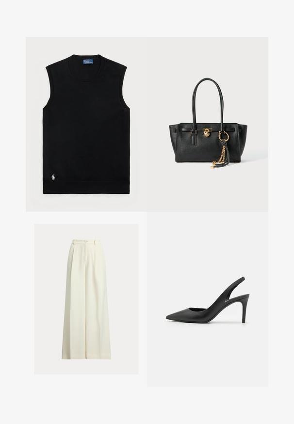 Black sleeveless cotton sweater with a round neckline. Features a small white logo on the lower left corner and ribbed trim.; Cream wide-leg trousers made from smooth fabric, featuring a high waist, two front pleats, and a single button closure.; Black leather slingback high heels with a pointed toe design, featuring a cutout at the front and a thin stiletto heel.; Black leather handbag with double handles, gold lock and chain detail, and black-and-white tassel accessory against white background.