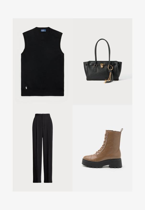 Pull en coton sans manches noir avec un col rond. Il présente un petit logo blanc dans le coin inférieur gauche et des finitions côtelées.; Pantalons noirs ajustés à taille haute, dotés de plis à l'avant, d'une coupe droite et d'un ourlet à revers. Fabriqués en tissu lisse.; Bottines en faux cuir marron avec une semelle noire épaisse, bout rond, laçage à l'avant et une languette au dos. Détail de surface texturée.; Sac à main en cuir noir avec double anses, serrure dorée et détails en chaîne, et accessoire à pompon noir et blanc sur fond blanc.