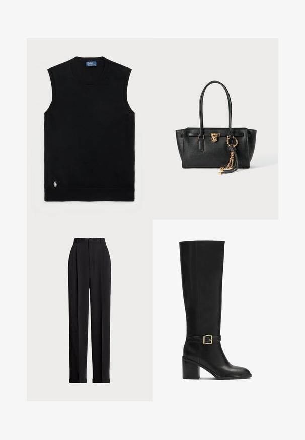 Juodas be rankovių medvilnės megztinis su apvaliu iškirpimu. Yra mažas baltas logotipas apatiniame kairiajame kampe ir gulinio audinio apdaila.; Juodos pritaikytos kelnės su aukštu liemeniu, su klostėmis priekyje, tiesaus kirpimo ir užlenktais kraštais. Pagamintos iš lygaus audinio.; Juodos džinsinės aukštakulnės botai, pagaminti iš lygaus odos, su blokuoto kulno, auksine sagtimi ir elegantiška siluetu.; Juoda odinė rankinė su dviem rankenomis, auksiniu užraktu ir grandinėlės detale, bei juodai baltu kutu prieš baltą foną.