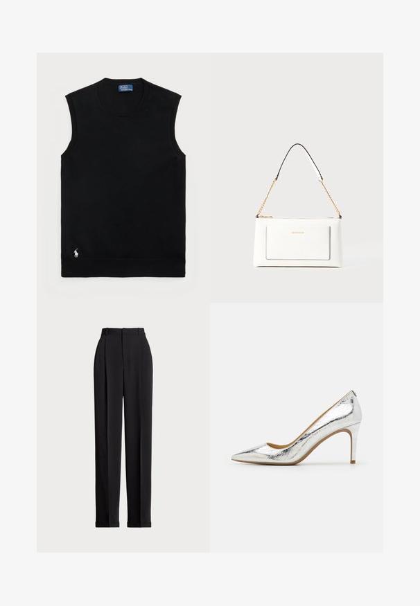 Sort ærmeløs bomuldsstrik med rund halsudskæring. Har et lille hvidt logo i nederste venstre hjørne og ribbede kanter.; Sorte skrædderbukser med høj talje, der har folder fortil, en lige benlængde og ombukket kant. Lavet af glat stof.; Sølvmetallic spidset hæl med glat overflade, 10 cm høj hæl og diskret rynkemønster langs overfladen.; Hvid lædertaske med tekstureret overflade, med en guldkædetras og sorte detaljer. Indeholder en frontlomme og lynlås lukning.
