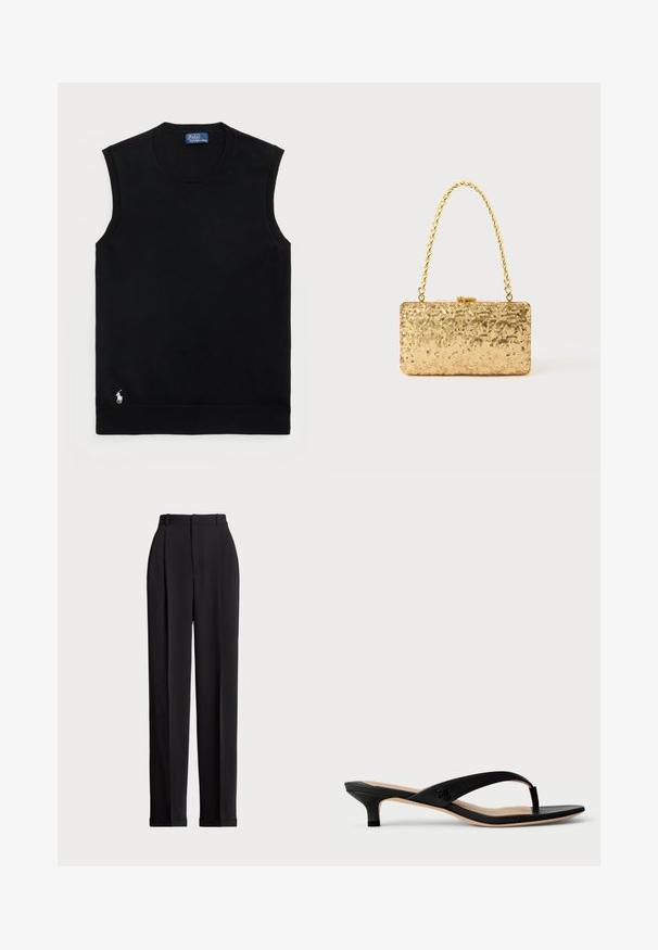 Μαύρο αμάνικο βαμβακερό πουλόβερ με στρογγυλή λαιμόκοψη. Διαθέτει μικρό λευκό λογότυπο στην κάτω αριστερή γωνία και ριγωτές λεπτομέρειες.; Μαύρο ταγμένο παντελόνι με ψηλή μέση, που διαθέτει πτυχώσεις μπροστά, ίσια γραμμή και κουμπωτό τελείωμα. Φτιαγμένο από λείο ύφασμα.; Μαύρη ψεύτικη δερμάτινη σαγιονάρα με τακούνι, λεπτές λωρίδες, ανοιχτό σχέδιο για το δάχτυλο και μικρό χοντρό τακούνι. Διαθέτει λογότυπο στην λωρίδα.; Χρυσή σακίδα από παγιέτες σε ορθογώνιο σχήμα, με χερούλι από στριμμένο αλυσίδα και μεταλλικό κλείσιμο, που αντανακλά το φως με υφή.