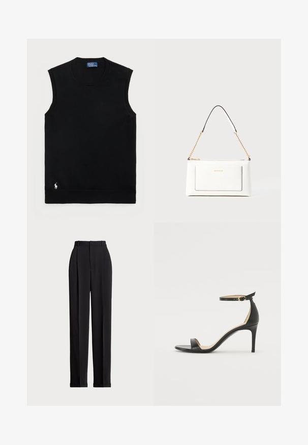 Čierny bezrukávový bavlnený sveter s okrúhlym výstrihom. Obsahuje malé biele logo v dolnom ľavom rohu a rebrované okraje.; Čierne prispôsobené nohavice s vysokým pásom, prednými záhybmi, rovnými nohavicami a manžetami na leme. Vyrobené z hladkej tkaniny.; Čierne kožené sandále na vysokom podpätku s popruhom okolo členka. Vlastnosti hladkého povrchu, otvorenej špičky a tenkého podpätku. Detail zlatého spony.; Biele kožené kabelka s textúrovaným povrchom, ktorá má zlatý retiazkový popruh a čierne akcenty. Obsahuje prednú kapsu a zipsové zapínanie.