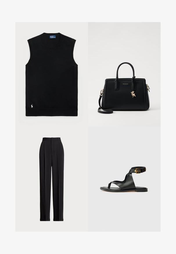 Pull en coton sans manches noir avec un col rond. Il présente un petit logo blanc dans le coin inférieur gauche et des finitions côtelées.; Pantalons noirs ajustés à taille haute, dotés de plis à l'avant, d'une coupe droite et d'un ourlet à revers. Fabriqués en tissu lisse.; Sandale en cuir noir affichant un design épuré, ouverte sur le devant, et une bride de cheville ajustable avec des détails en métal doré. Semelle plate.; Sac à main en cuir noir avec un design structuré, deux poignées supérieures, une bandoulière amovible, des accessoires en or et un pendentif avec le logo.