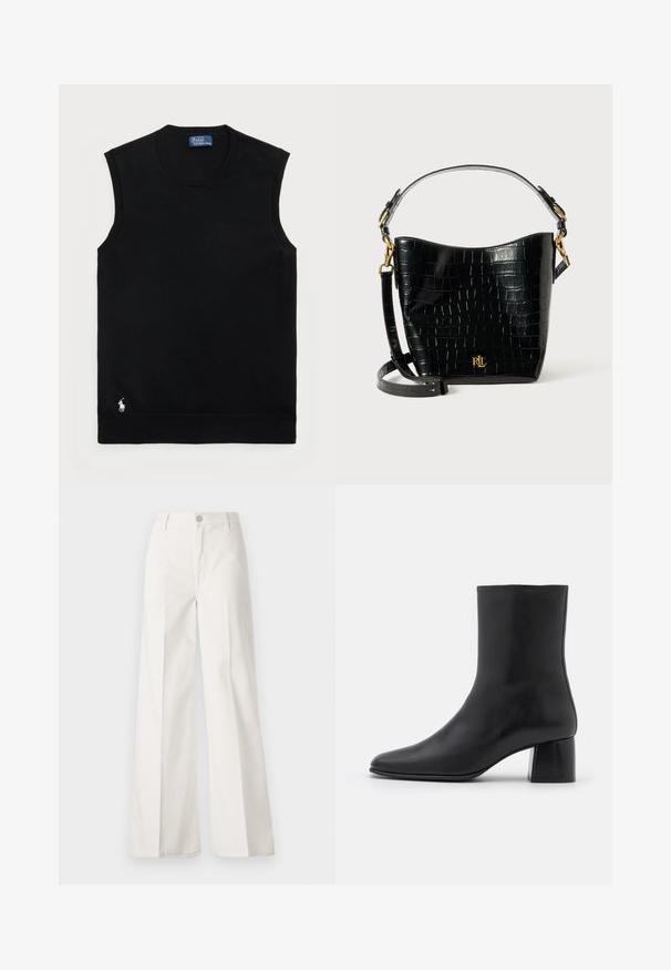 Schwarzer ärmelloser Baumwollpullover mit rundem Ausschnitt. Enthält ein kleines weißes Logo in der unteren linken Ecke und gerippte Abschlüsse.; Weiße weite Hosen aus Baumwolle mit glatter Textur. Sie verfügen über einen vorderen Knopf, einen Reißverschluss und ein Design mit vier Taschen.; Schwarze Leder-Ankle-Boots mit spitzer Zehenpartie und einem klobigen, quadratischen Absatz. Glatte Textur mit nahtlosem Design und minimalistischem Nähen.; Schwarze, krokodilgeprägte Lederhandtasche mit geschwungener Form, goldfarbenen Hardware-Akzenten, einem verstellbaren Riemen und einem Logodetail auf der Vorderseite.