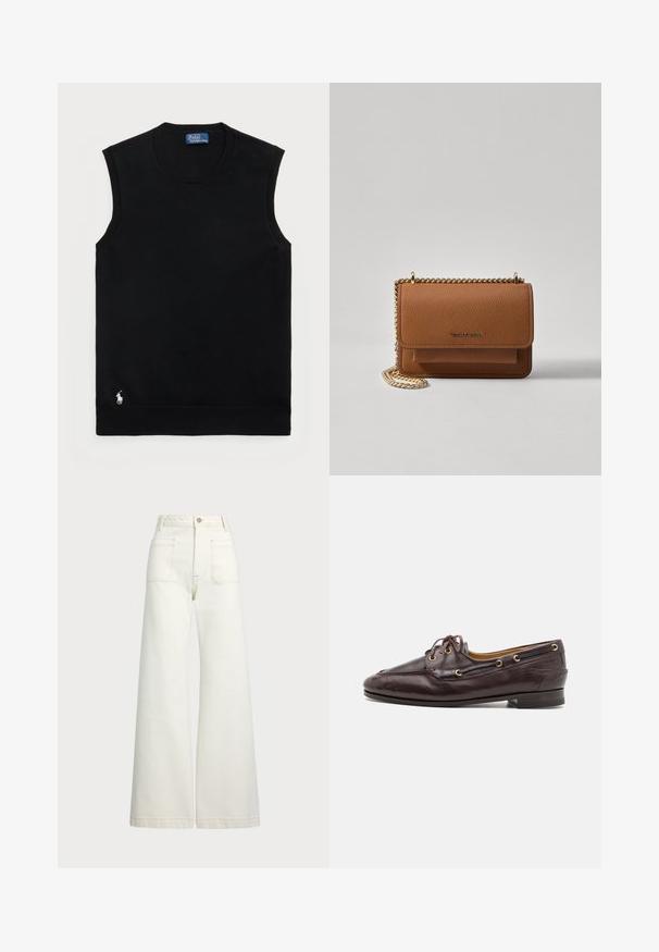 Pull en coton sans manches noir avec un col rond. Il présente un petit logo blanc dans le coin inférieur gauche et des finitions côtelées.; Jeans large en denim écru. Design taille haute avec une fermeture à bouton, deux poches avant et des détails de surpiqûres contrastantes.; Mocassins en cuir marron avec un design structuré, œillets dorés et lacets. Caractérisés par un petit talon et des coutures détaillées le long de l'empeigne.; Sac en cuir texturé marron en bandoulière avec une sangle en chaîne dorée et une fermeture à rabat. L'avant présente un détail de logo et une poche sous le rabat.
