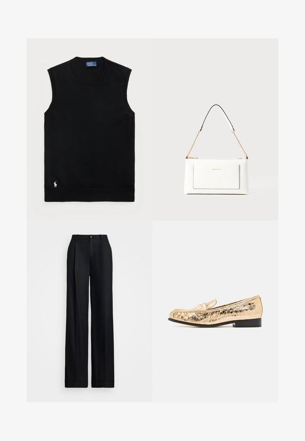 Schwarzer ärmelloser Baumwollpullover mit rundem Ausschnitt. Enthält ein kleines weißes Logo in der unteren linken Ecke und gerippte Abschlüsse.; Schwarze weite Beinhosen mit glatter Oberfläche, flatem Vorderteil, Gürtelschlaufen und einem einzelnen Knopfverschluss an der Taille.; Goldene synthetische Slipper mit strukturiertem Finish, runder Spitze und einer dekorativen Riemen. Sie verfügen über einen niedrigen schwarzen Absatz und genähte Details.; Weißes Lederhandtasche mit strukturierter Oberfläche, ausgestattet mit einem goldenen Kettenriemen und schwarzen Akzenten. Enthält eine Fronttasche und einen Reißverschluss.