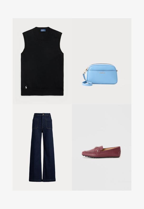 Suéter sin mangas de algodón negro con un escote redondo. Presenta un pequeño logo blanco en la esquina inferior izquierda y ribetes acanalados.; Jeans de mezclilla oscura de pierna ancha con cintura alta, diseño de cinco bolsillos y costuras en contraste. Presenta un cierre de botón y una forma estructurada.; Mocasines de cuero burdeos con punta redonda, tira decorativa, herrajes en tono plateado y suela de goma texturizada para mayor agarre.; Bolso cruzado de cuero azul claro con herrajes en tono dorado, cierre de cremallera y un bolsillo frontal. cuenta con una correa ajustable para mayor comodidad.