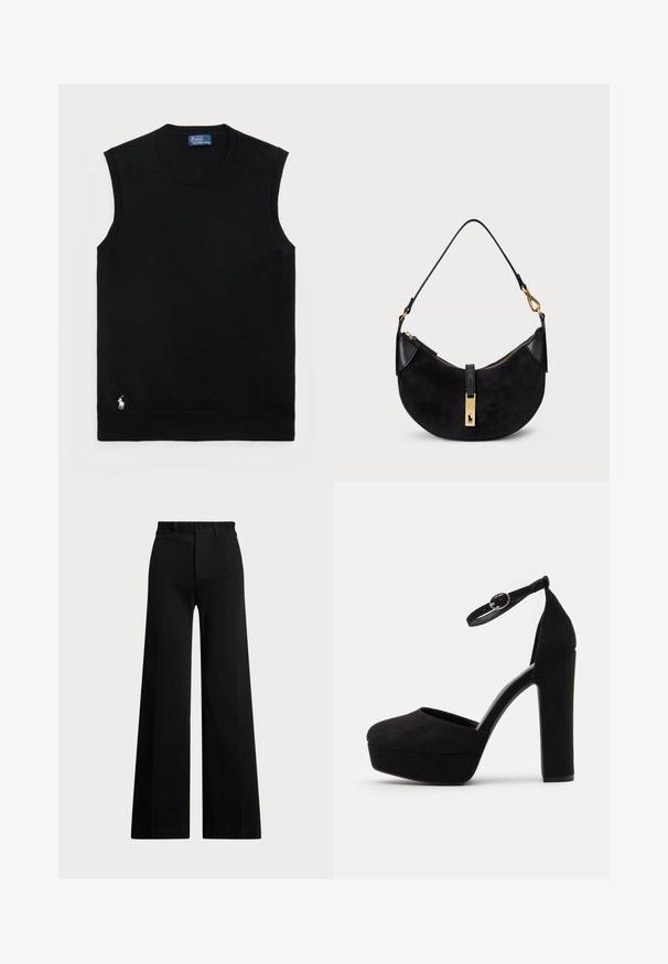 Musta ilmanhihainen puuvillaneule pyöreällä pääntiellä. Siinä on pieni valkoinen logo vasemmassa alakulmassa ja ribbireunat.; Mustat leveät housut, jotka on valmistettu kudotusta kankaasta. Niissä on korkea vyötärö, edessä nappisulku ja sivutaskut. Suora pinta puhtailla linjoilla.; Musta mokkanahkainen korkea kenkä, jossa on pyöreä kärki, nilkkahihna ja korkea lohkokanta. Tasainen pinta, jossa on matta viimeistely.; Mustat käsilaukku, jossa on kaareva muoto, valmistettu mokasta ja nahasta, ja jossa on kullansävyinen vetoketju sekä logodetalji. Sisältää lyhyen kahvan.