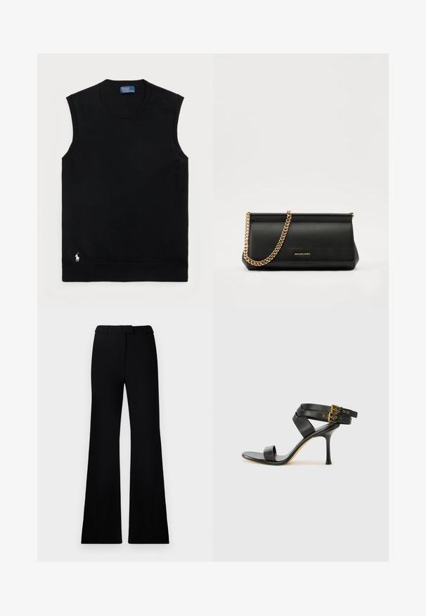 Black sleeveless cotton sweater with a round neckline. Features a small white logo on the lower left corner and ribbed trim.; Black flared pants featuring a smooth texture, tailored waistband, and front pockets, designed with a sleek, modern silhouette.; Black heeled sandal with crossed straps and adjustable buckle. Features a smooth texture and tapered stiletto heel.; Black leather clutch bag with a gold chain strap, featuring a smooth texture, rectangular shape, and embossed branding on the front.