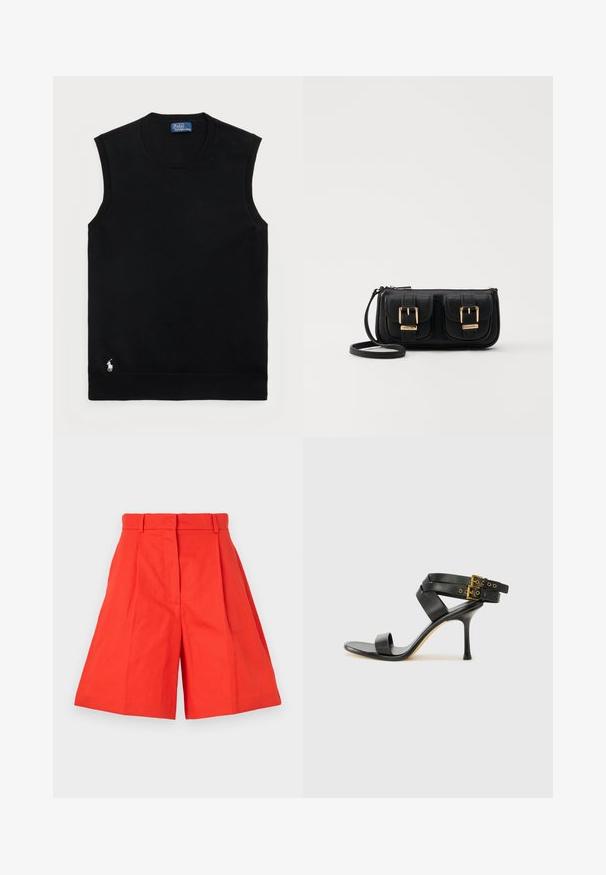 Black sleeveless cotton sweater with a round neckline. Features a small white logo on the lower left corner and ribbed trim.; Red cotton shorts with a high waist, featuring pleats and a wide-cut silhouette. Smooth texture and clean lines. No pockets or embellishments.; Black heeled sandal with crossed straps and adjustable buckle. Features a smooth texture and tapered stiletto heel.; Black leather crossbody bag with two front pockets, gold buckles, zipper closure, and a slim strap. Textured surface and compact rectangular shape.