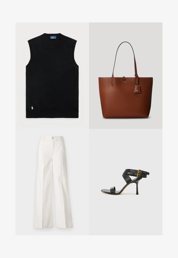Black sleeveless cotton sweater with a round neckline. Features a small white logo on the lower left corner and ribbed trim.; White wide-leg trousers made from cotton with a smooth texture. Features a front button, zipper fly, and four-pocket design.; Black heeled sandal with crossed straps and adjustable buckle. Features a smooth texture and tapered stiletto heel.; Brown pebbled leather tote bag with two handles, a small attached tag, and a subtle logo on the front. Smooth texture with structured shape.