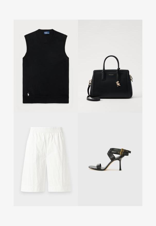 Crna bezrukavna pamučna dukserica s okruglim izrezom. Sadrži mali bijeli logo u donjem lijevom kutu i rebrasti rub.; Bijele kratke hlače srednje dužine od lagane tkanine s elastičnom gumom u struku i blago naboranom teksturom. Nema vidljivih uzoraka ili akcenta.; Crne sandale s petom sa preklapanim trakama i podesivim kopčanjem. Imaju glatku teksturu i suženi stiletto potplat.; Crna kožna torba s strukturiranim dizajnom, dvostrukim gornjim ručkama, odvojivim remenom za rame, zlatnim detaljima i akcentom s logom.