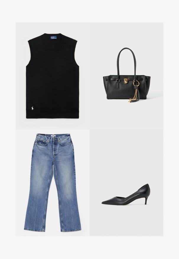 Melna bez piedurknēm kokvilnas džemperis ar apaļu kakla izgriezumu. Iezīmes neliels balts logo apakšējā kreisajā stūrī un ribota apdare.; RE/DONE LOOSE - Bootcut piegriezuma džinsi - hacienda; Melna ādas kurpe ar smailu purngalu un zemu papēdi. Raksturota ar gludu tekstūru un smalku spīdumu. Priekša ar atvērtu izgriezumu papildu detaļai.; Melnas ādas rokassomu ar divām rokturiem, zelta slēdzi un ķēdes detaļu, kā arī melnbaltu pušķa aksesuāru uz balta fona.