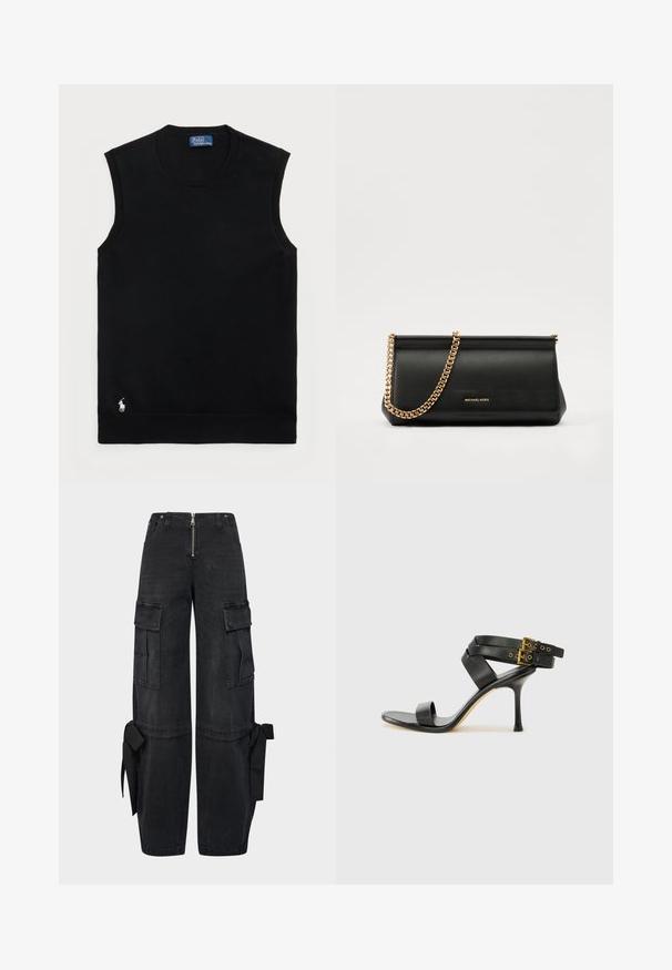 Black sleeveless cotton sweater with a round neckline. Features a small white logo on the lower left corner and ribbed trim.; Black denim cargo pants with wide legs, button and zipper closure, five pockets, side ties, and textured fabric.; Black heeled sandal with crossed straps and adjustable buckle. Features a smooth texture and tapered stiletto heel.; Black leather clutch bag with a gold chain strap, featuring a smooth texture, rectangular shape, and embossed branding on the front.