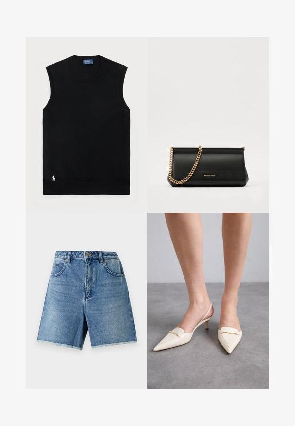 Sort ermessig bomullgenser uten ermer med rund hals. Har en liten hvit logo nederst til venstre og ribbestrikket kant.; Denimshorts i lys blå, med høy midje, knappelukking, sidelommer og slitt hem for en avslappet passform.; Kremfargede, spisse slingback-hæler med en slank midt-hæl, med en gylden kjedeakcent på den fremre delen og glatt lærtekstur.; Svart skinnkuvertveske med en gullkjede-rem, med en glatt tekstur, rektangulær form og preget merkevare på forsiden.