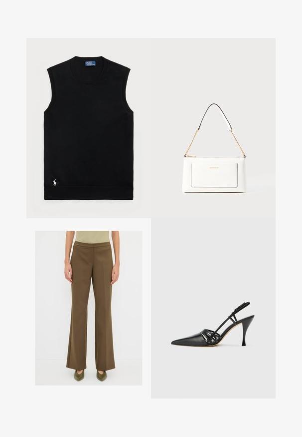 Zwarte mouwloze katoenen trui met een ronde halslijn. Heeft een klein wit logo in de linkerbenedenhoek en ribbelafwerking.; Olijfgroene, op maat gemaakte broek met een uitlopende vorm, een soepele textuur en een middelhoge tailleband, gecombineerd met bijpassende groene schoenen met een spitse neus.; Zwarte leren hoge hak slingback schoen met spitse neus, crisscross bandontwerp en slanke stilettohak. Smooth textuur en minimale accenten.; Witte leren handtas met een textuurafwerking, voorzien van een gouden schouderhengsel en zwarte accenten. Inclusief een voorvak en ritssluiting.