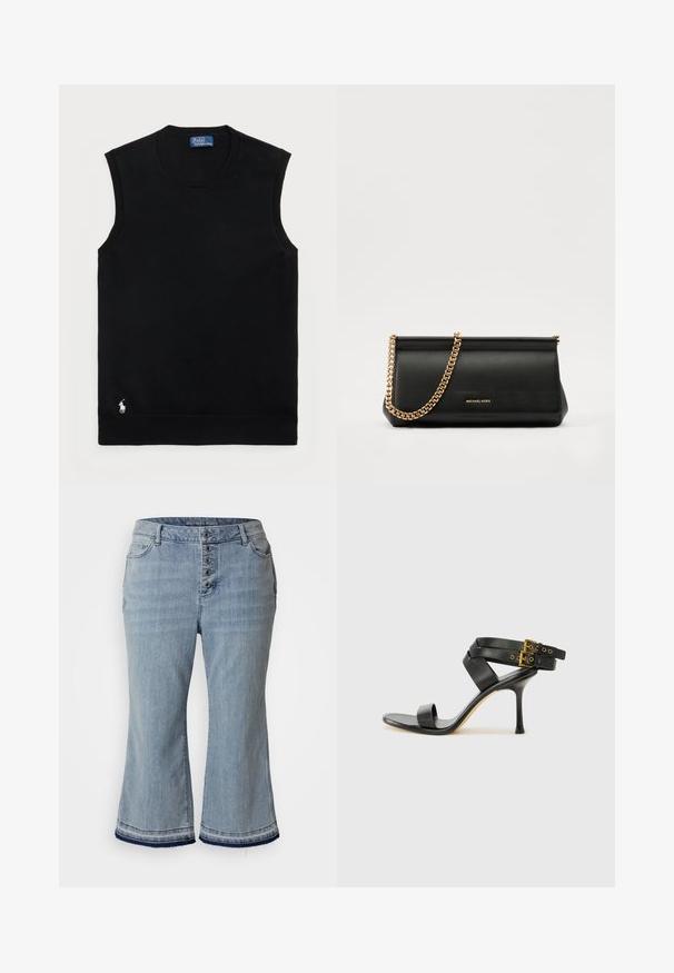 Zwarte mouwloze katoenen trui met een ronde halslijn. Heeft een klein wit logo in de linkerbenedenhoek en ribbelafwerking.; Lichtblauwe denim culottes met een hoge taille, een grote knoopsluiting met vijf knopen, zijzakken en uitlopende zomen. Ontworpen voor een ontspannen pasvorm.; Zwarte hoge hak sandaal met gekruiste bandjes en verstelbare gespsluiting. Heeft een gladde textuur en een taps toelopende stilettohak.; Zwarte leren clutch tas met een gouden kettinghengsel, voorzien van een gladde textuur, rechthoekige vorm en reliëfmerk op de voorkant.