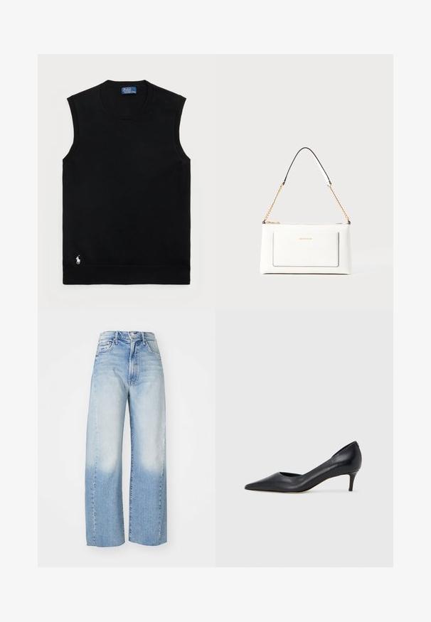 Crna bezrukavna pamučna dukserica s okruglim izrezom. Sadrži mali bijeli logo u donjem lijevom kutu i rebrasti rub.; Svijetloplave traper široke hlače s postupnim prijelazom od svijetloplave do tamnije plave, sa pet džepova i dizajnom visokog struka.; Crna kožna cipela s vrhom u špic i niskom petom. Ima glatku teksturu i suptilan sjaj. Prednji dio je otvoren za dodatni detalj.; Bijela kožna torba s teksturiranim završetkom, koja ima zlatni lančić i crne akcentne detalje. Uključuje prednji džep i zatvaranje na patentni zatvarač.