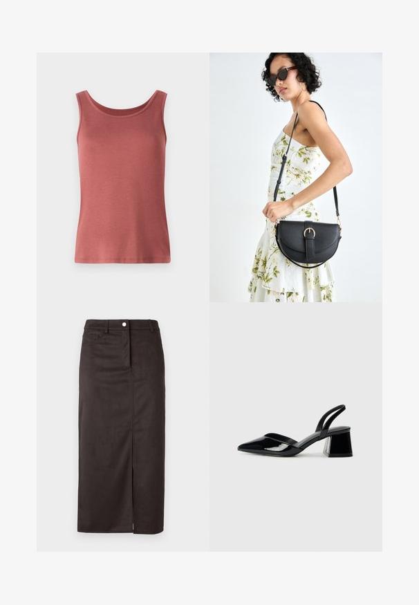 Tricou fără mâneci din bumbac roșu, cu decupaj rotund și bretele late, având o textură netedă și o siluetă ajustată. Fără modele sau embellishments.; Fustă maro, până la genunchi, dintr-un material neted. Prezintă o deschidere frontală, închidere cu nasturi și buzunare laterale pentru funcționalitate suplimentară.; Pantofi cu toc slingback din piele lacuită neagră, cu vârf ascuțit și toc geometric. Prezintă un design elegant, minimalist și o textură netedă.; Geantă din piele neagră, cu o formă curbată, curea detașabilă și accesorii aurii. Geanta are un capac cu un detaliu tip cataramă.
