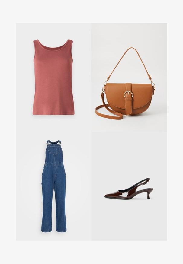 Červený bavlněný top bez rukávů se zaobleným výstřihem a širokými ramínky, s hladkou strukturou a přiléhavým střihem. Bez vzorů nebo ozdob.; Džínové kramfleky s nastavitelnými pásky, přední kapsou a detaily s bočními knoflíky. Hluboká modrá barva a rovný střih s vybledlou texturou.; Hnědé lakované kožené slingback boty s špičatou špičkou a mírným podpatkem. Disponují přezkou pro bezpečné upevnění. Hladký povrch.; Hnědá kožená křížová taška s zakřiveným tvarem, zlatými detaily a akcentem s přezkou. Obsahuje odnímatelný popruh na rameno.
