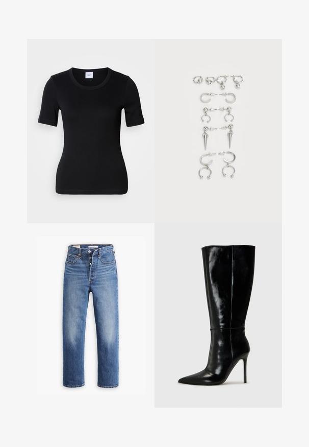 Černé tričko s krátkým rukávem vyrobené z měkké bavlny. Má kulatý výstřih a úzký střih s minimálními švy.; Modré denimové džíny s vysokým pasem, rovnou nohavicí a vybledlými místy. Mají přední kapsy a kovové detaily.; Černé kožené vysoké boty po kolena s špičatou špičkou a vysokým jehlovým podpatkem. Hladká textura a elegantní design, s minimálními detaily.; Sada stříbrných náušnic s různými designy: kruhy, pecky a visací styly, se kuličkovými akcenty a špičatými prvky.