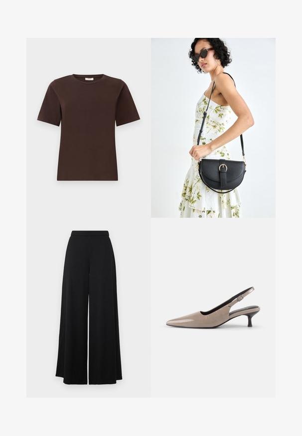 Brown cotton t-shirt with a classic crew neck, short sleeves, and a straight hem. Soft texture, no patterns or embellishments.; Black wide-leg pants with a flat waistband. Made of a smooth, lightweight fabric, featuring a flowing silhouette. No pockets or embellishments.; Pointed-toe slingback shoes in glossy beige patent leather with a narrow heel and adjustable strap for a secure fit.; Black leather handbag with a curved shape, detachable strap, and gold hardware. The bag features a flap with a buckle detail.