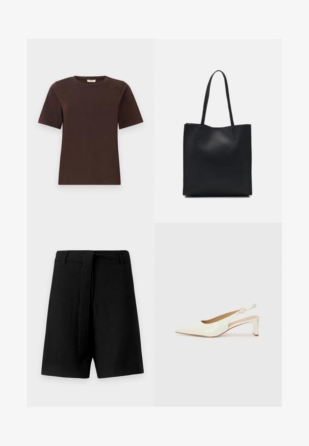 T-shirt de algodão castanho com um corte clássico de gola redonda, mangas curtas e bainha reta. Textura suave, sem padrões ou enfeites.; Calças de linho pretas com cintura alta, apresentando um cinto de tecido e bolsos laterais, textura suave e um design solto.; Sapato slingback de couro branco envernizado com bico fino e um salto baixo em bloco. Apresenta uma tira subtil com um detalhe de fivela em tom dourado.; Bolsa tote preta em couro com textura lisa, forma retangular e duas alças longas. Sem hardware ou enfeites visíveis.