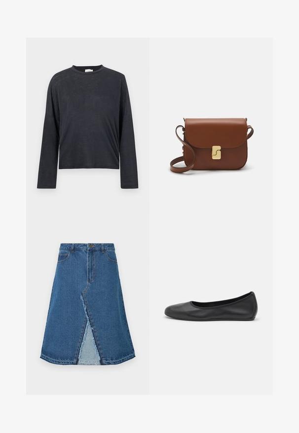 Dark grey, long-sleeve, cropped t-shirt made from a lightweight, slightly textured fabric. Features a round neckline and loose fit.; Blue denim skirt with a flared shape, featuring a front slit and frayed hem. Classic five-pocket design and metal button closure.; Black leather ballet flat with a rounded toe, smooth texture, minimal stitching detail, and a flexible sole design.; Brown leather handbag with a flap closure, gold-tone hardware, a shoulder strap, and a smooth texture. Compact rectangular shape.