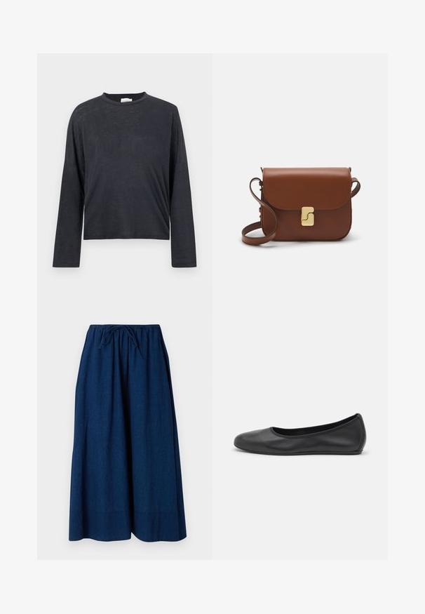 Cămașă scurtă, cu mânecă lungă, de culoare gri închis, fabricată dintr-un material ușor, ușor texturat. Are un guler rotund și o croială lejeră.; Culottes bleumarin cu design pe picior larg, realizate dintr-un material ușor. Prezintă un brâu elastic cu șnur pentru ajustarea confortabilă.; Balerini din piele neagră, cu vârf rotund, textură netedă, detalii de cusătură minimale și un design al tălpii flexibil.; Geantă de piele maro cu închidere tip capac, accesorii de culoare aurie, curea de umăr și o textură netedă. Formă compactă și rectangulară.